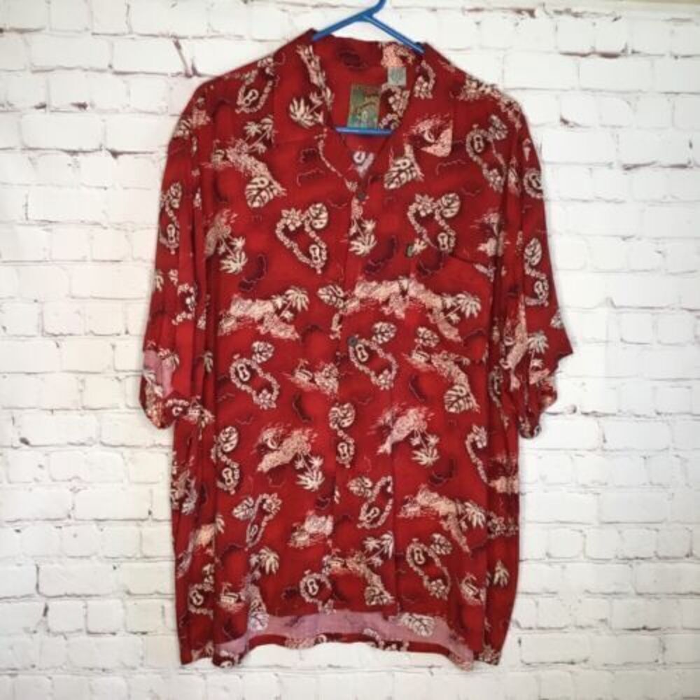 Vtg PINEAPPLE‎ CONNECTION Men’s Red Hawaiian Tropical Shirt Size XL